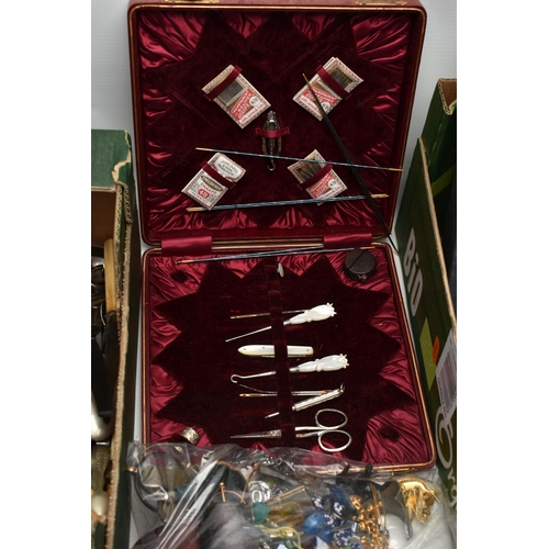 134 - TWO BOXES OF ASSORTED CUTLERY AND COSTUME JEWELLERY, to include a box of assorted loose cutlery, a b... 