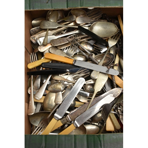 134 - TWO BOXES OF ASSORTED CUTLERY AND COSTUME JEWELLERY, to include a box of assorted loose cutlery, a b... 