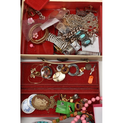 135 - A LARGE ASSORTMENT OF COSTUME JEWELLERY, to include a selection of beaded necklaces, cufflinks, jewe... 