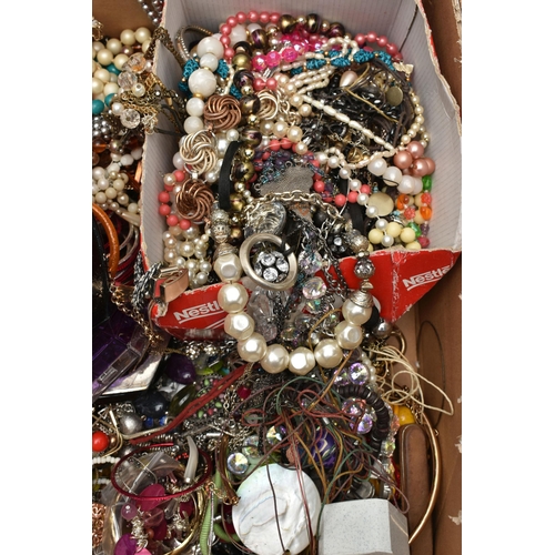 137 - A BOX OF ASSORTED COSTUME JEWELLERY, to include beaded necklaces, bracelets, bangles, earrings, broo... 