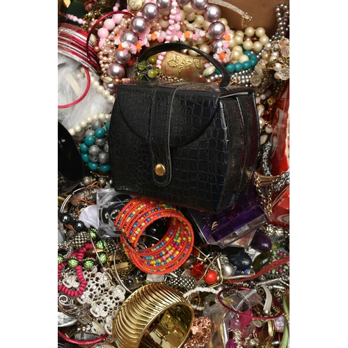 137 - A BOX OF ASSORTED COSTUME JEWELLERY, to include beaded necklaces, bracelets, bangles, earrings, broo... 