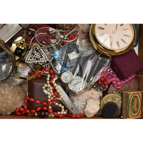 138 - A BOX OF ASSORTED ITEMS, to include various pieces of costume jewellery, various prescription glasse... 