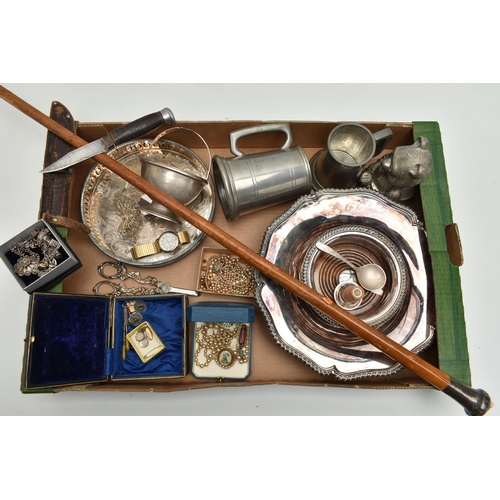 140 - A BOX OF ASSORTED ITEMS, to include walking stick fitted with a silver pommel, hallmarked Birmingham... 