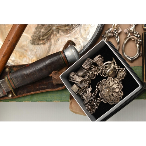 140 - A BOX OF ASSORTED ITEMS, to include walking stick fitted with a silver pommel, hallmarked Birmingham... 