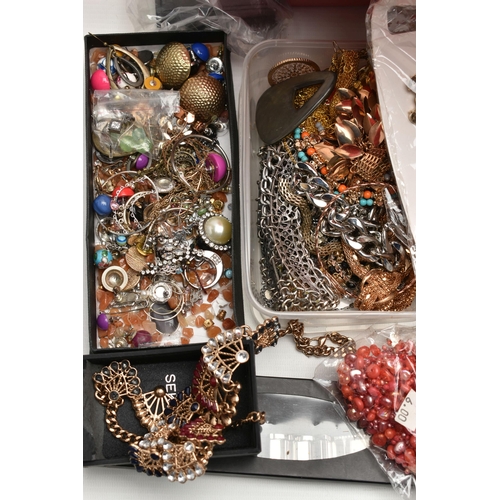 142 - A RED PLASTIC BOX OF ASSORTED COSTUME JEWELLERY AND ITEMS, to include various beaded necklaces, brac... 