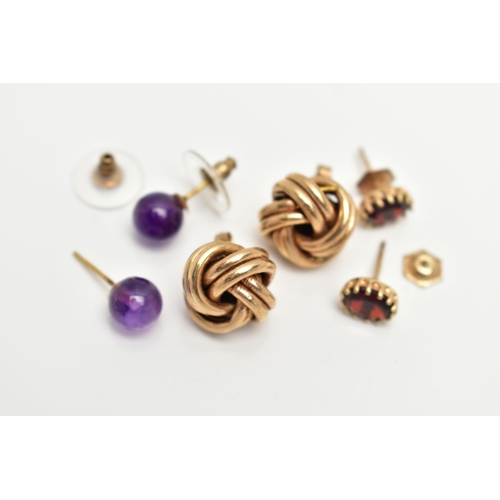 15 - THREE PAIRS OF EARRINGS, to include a pair of yellow metal knot earrings, post and scroll fittings, ... 