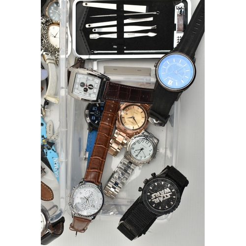 153 - A BOX OF WRISTWATCHES AND ITEMS, to include ladys and gents wristwatches with names to include 'Orki... 