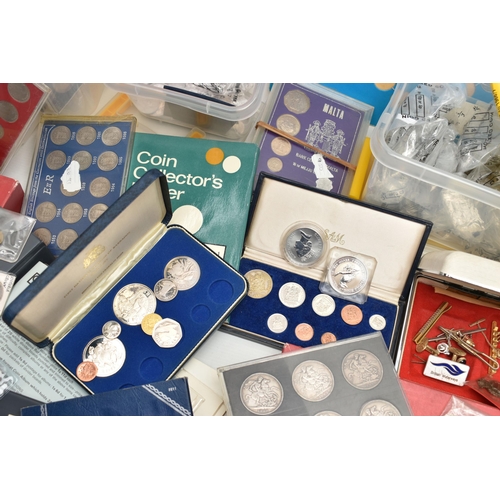 155 - A CARDBOARD BOX CONTAINING COINS AND COMMEMORATIVES, to include a display of six Victoria Crown coin... 