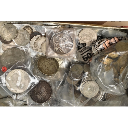 158 - A LARGE BOX CONTAINING WORLD COINAGE, to include several tins with mixed coinage such as Kiribati 19... 