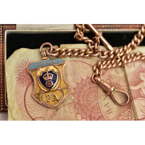 20 - A 9CT GOLD 'DERBYSHIRE, FA FOB MEDAL' AND ALBERT CHAIN, the shield shape fob medal with dark and lig... 