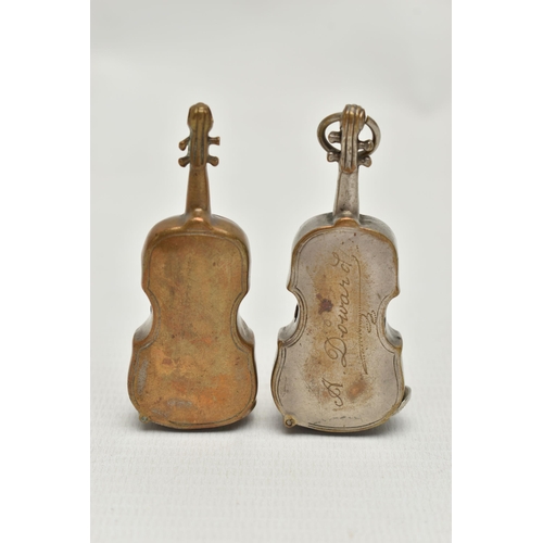 202 - TWO BRASS VIOLIN VESTA CASES, both with hinged sprung striker bases, one with suspension loop, same ... 