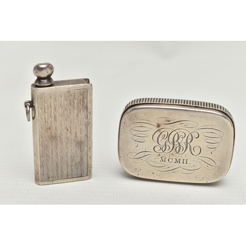 203 - AN EARLY 20TH CENTURY SILVER SAMPSON MORDEN & CO RECTANGULAR VESTA BOX AND A SILVER TINDER CASE, the... 