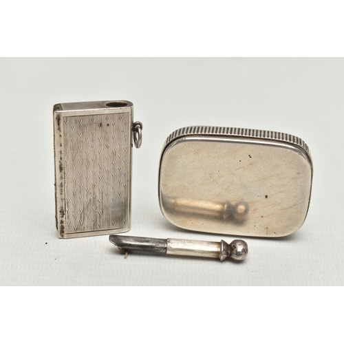 203 - AN EARLY 20TH CENTURY SILVER SAMPSON MORDEN & CO RECTANGULAR VESTA BOX AND A SILVER TINDER CASE, the... 