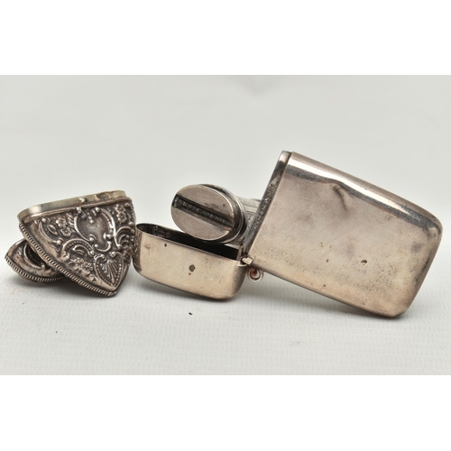 204 - THREE STERLING SILVER AND WHITE METAL VESTA CASES, comprising an American plain rectangular example,... 