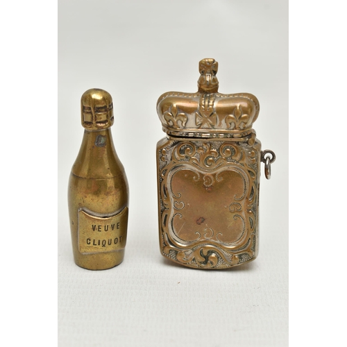 205 - TWO LATE VICTORIAN BRASS VESTA CASES, the first in the form of a bottle of 'Veuve Clicquot' champagn... 