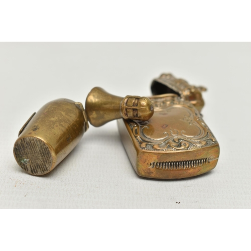 205 - TWO LATE VICTORIAN BRASS VESTA CASES, the first in the form of a bottle of 'Veuve Clicquot' champagn... 