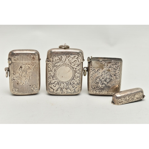 209 - THREE LATE VICTORIAN SILVER RECTANGULAR VESTA CASES, all engraved with foliate designs, the engine t... 