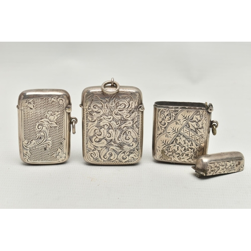 209 - THREE LATE VICTORIAN SILVER RECTANGULAR VESTA CASES, all engraved with foliate designs, the engine t... 