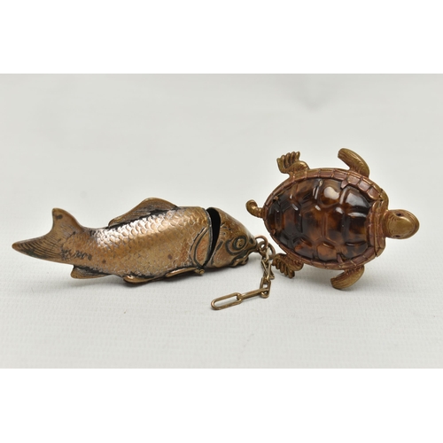 213 - TWO NOVELTY BRASS VESTA CASES, the first in the form of a turtle, the lid hinged at the neck, with p... 