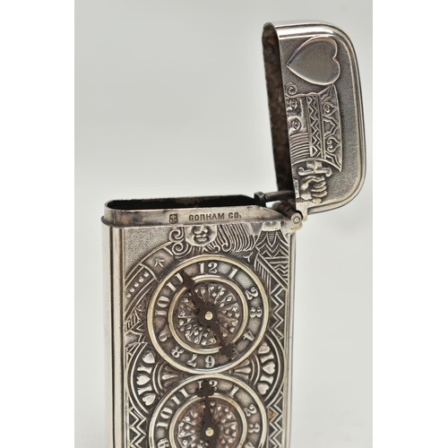 218 - AN EARLY 20TH CENTURY AMERICAN GORHAM CO SILVER PLATED NOVELTY VESTA CASE, the front with King of He... 