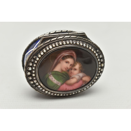 222 - A LATE 19TH CENTURY CONTINENTAL SILVER, ENAMEL AND PORCELAIN SNUFF BOX OF OVAL FORM, the hinged cove... 