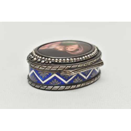 222 - A LATE 19TH CENTURY CONTINENTAL SILVER, ENAMEL AND PORCELAIN SNUFF BOX OF OVAL FORM, the hinged cove... 