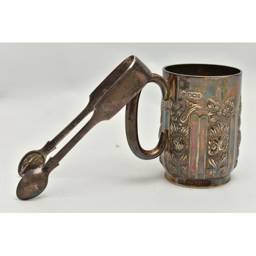 224 - A LATE VICTORIAN SILVER MUG AND A PAIR OF VICTORIAN FIDDLE PATTERN SUGAR TONGS, the mug repoussé dec... 