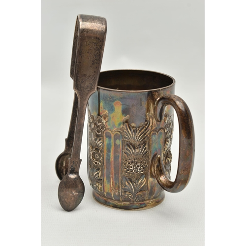 224 - A LATE VICTORIAN SILVER MUG AND A PAIR OF VICTORIAN FIDDLE PATTERN SUGAR TONGS, the mug repoussé dec... 