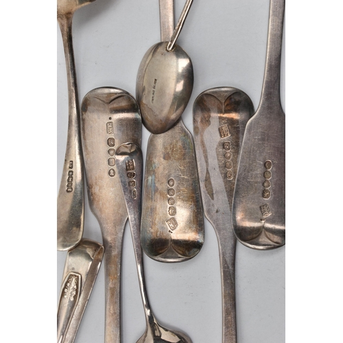 228 - A PARCEL OF SEVEN 19TH AND 20TH CENTURY SILVER SPOONS AND A PAIR OF SUGAR TONGS, comprising a set of... 