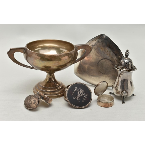 230 - A SMALL PARCEL OF 20TH CENTURY SILVER AND PLATE, comprising a small George V twin handled trophy cup... 