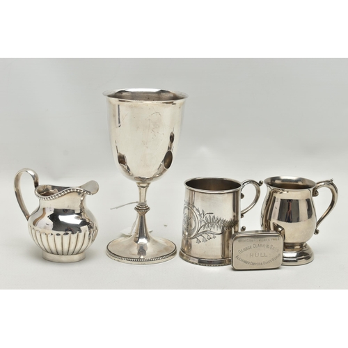 238 - FIVE PIECES OF LATE VICTORIAN / 20TH CENTURY SILVER PLATE, comprising a goblet with beaded knopped p... 