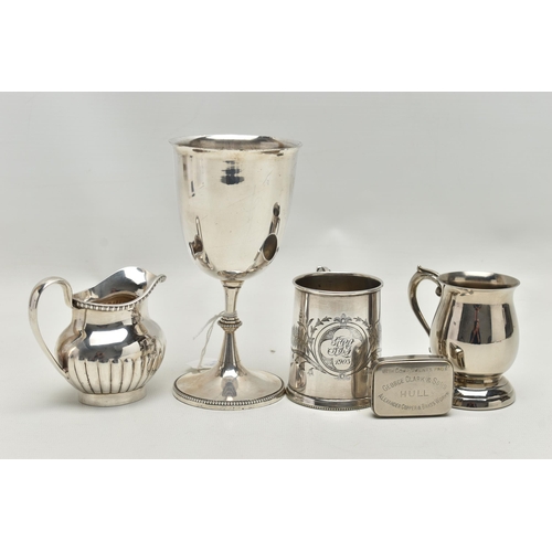 238 - FIVE PIECES OF LATE VICTORIAN / 20TH CENTURY SILVER PLATE, comprising a goblet with beaded knopped p... 