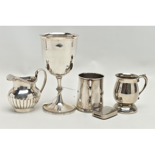 238 - FIVE PIECES OF LATE VICTORIAN / 20TH CENTURY SILVER PLATE, comprising a goblet with beaded knopped p... 