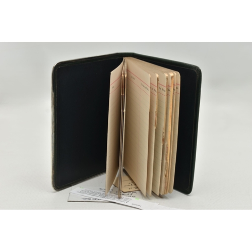 239 - A EDWARDIAN WILLIAM COMYNS & SONS SILVER MOUNTED AND GREEN LEATHER BOUND DAYS OF THE WEEK NOTEBOOK, ... 