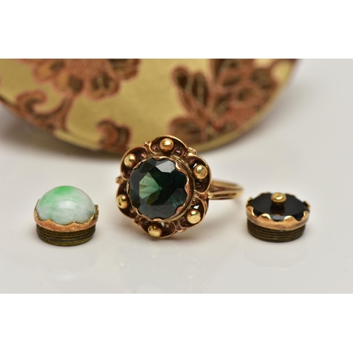 24 - A 14CT GOLD, INTERCHANGABLE GEMSTONE RING, of a flower shape with beaded detail, to the centre is a ... 