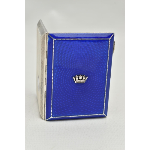 240 - A GEORGE V SILVER AND ENAMELLED CIGARETTE CASE WITH MOUNTED NAVAL CROWN, the engine turned case with... 