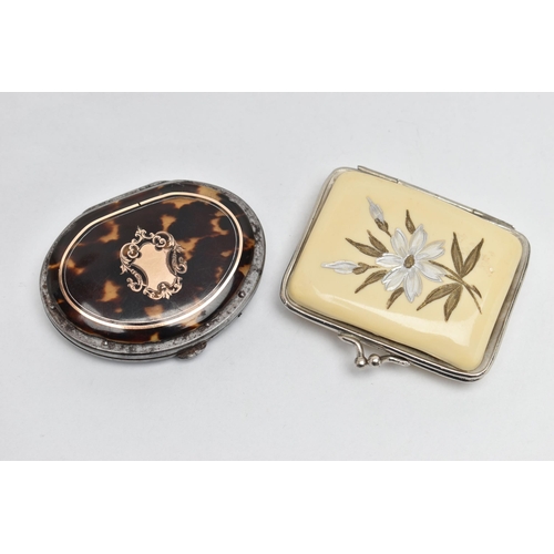 247 - TWO SMALL COIN PURSES, comprising a 19th century tortoiseshell and polished steel purse with white a... 