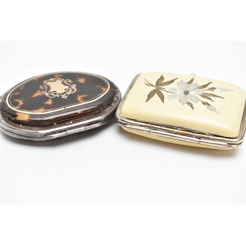 247 - TWO SMALL COIN PURSES, comprising a 19th century tortoiseshell and polished steel purse with white a... 