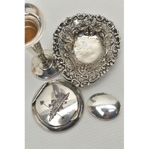 248 - FOUR PIECES OF LATE VICTORIAN AND 20TH CENTURY SILVER AND WHITE METAL, comprising a late Victorian s... 