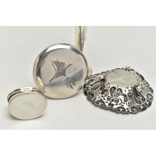 248 - FOUR PIECES OF LATE VICTORIAN AND 20TH CENTURY SILVER AND WHITE METAL, comprising a late Victorian s... 