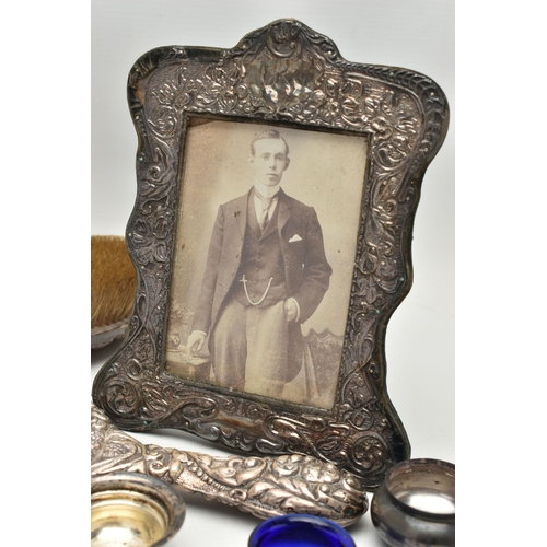 249 - A SMALL PARCEL OF SILVER, comprising an Edwardian silver conical christening mug with scrolled wire ... 