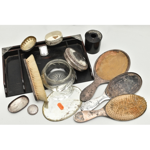 250 - A BOX OF SILVER BACKED AND SILVER MOUNTED DRESSING TABLE ITEMS, including a well used four piece Geo... 