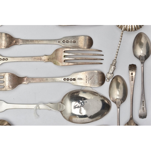 252 - A PARCEL OF 19TH AND EARLY 20TH CENTURY FLATWARE, comprising a set of five Victorian Fiddle pattern ... 