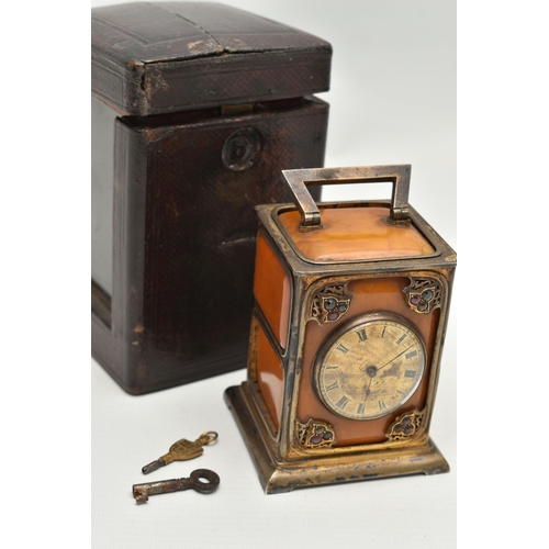 255 - A LATE VICORIAN SILVER GILT, AMBER AND GEM SET CARRIAGE CLOCK WITH TRAVEL CASE IN CLARET MOROCCO, th... 