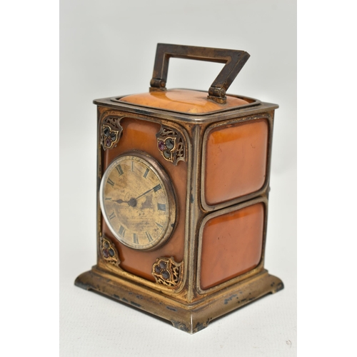 255 - A LATE VICORIAN SILVER GILT, AMBER AND GEM SET CARRIAGE CLOCK WITH TRAVEL CASE IN CLARET MOROCCO, th... 