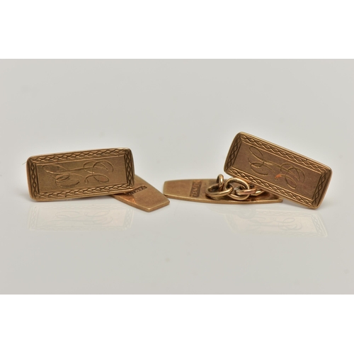 36 - A PAIR OF 9CT GOLD CUFFLINKS, of rectangular form, engine turned pattern on one side with engraved i... 