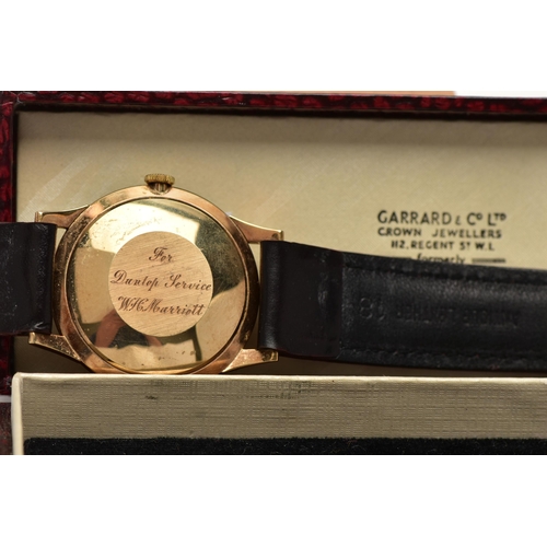 42 - A GENTS 9CT GOLD 'GARRARD AUTOMATIC' WRISTWATCH, round silver dial signed 'Garrard, Automatic, 21 je... 