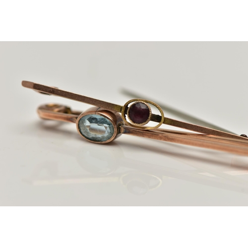 43 - TWO GEM SET BAR BROOCHES, the first a rose gold bar set with an oval cut aquamarine in a collet sett... 