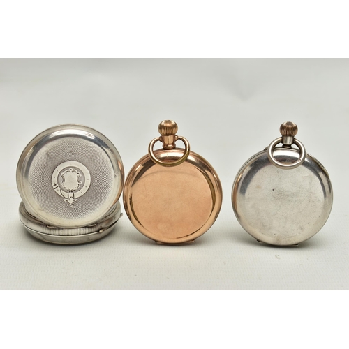 59 - THREE OPEN FACE POCKET WATCHES, the first a manual wind silver pocket watch, white dial rubbed marki... 