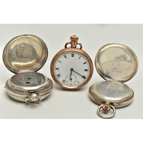 59 - THREE OPEN FACE POCKET WATCHES, the first a manual wind silver pocket watch, white dial rubbed marki... 